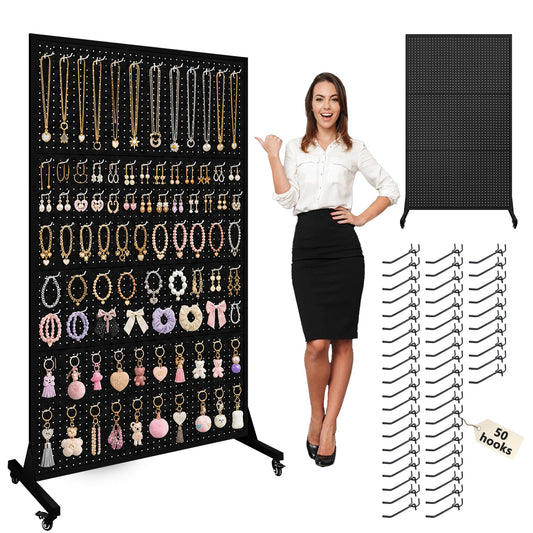 Royxen 43“ x 72”Metal Pegboard with 50 Hooks, Large Peg Board Display Stand with Wheels, Metal Standing Pegboard Display, Art Display Stand for Home&Retail (Black)