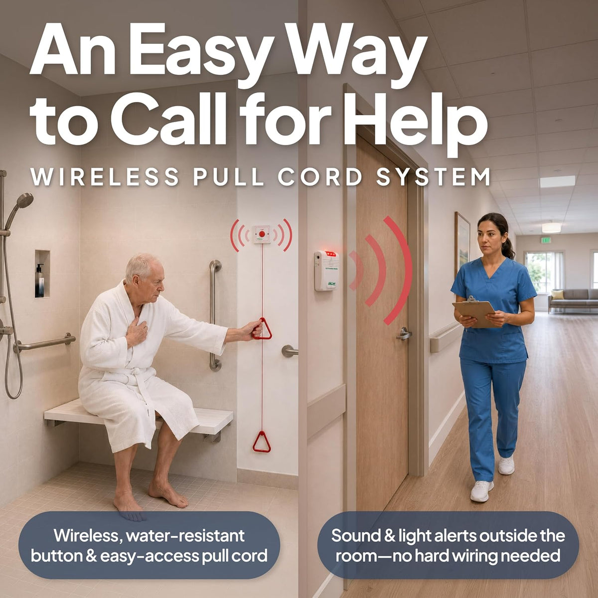 Smart Caregiver Wireless Pull Cord Call Button & Alert Monitor for Elderly