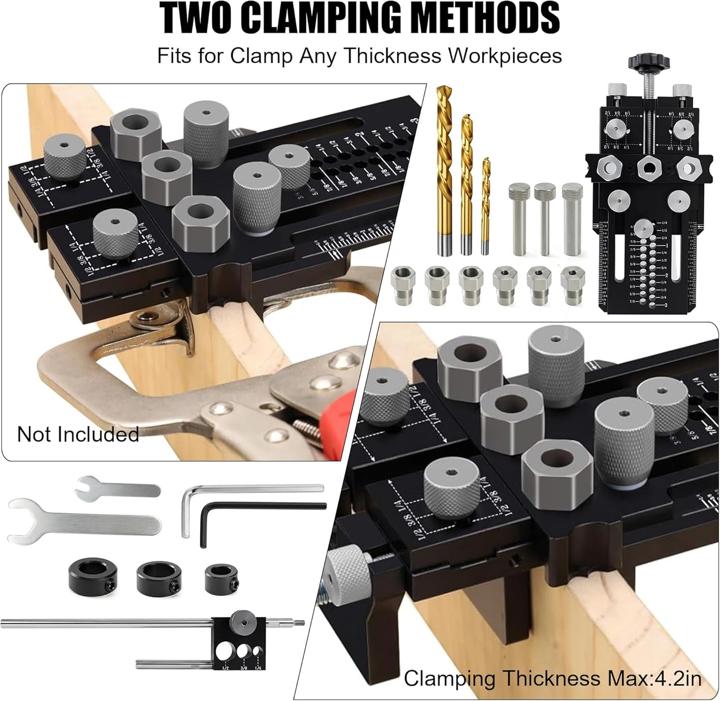 Dowel Jig Kit with Quick Positive Stop and Clamp, Precision Adjustable Doweling Jig for Drill 1/4, 3/8 and 1/2 Inch Accurate Straight Dowel Holes, fit Any Thickness Wood Joints, for Furniture, Cabinet Black