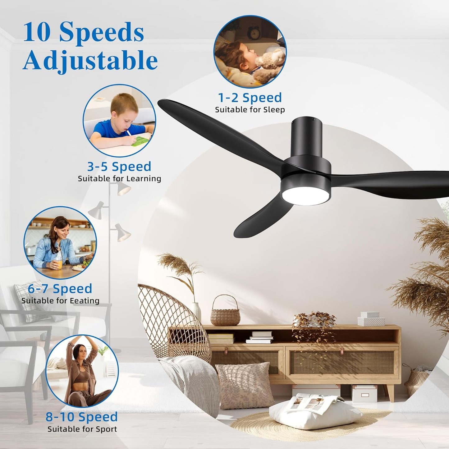 Carro 52 Inch Black Flush Mount Ceiling Fan With Lights And Remote, 10 Speeds Reversible DC Motor Ceiling Fan, Suitable for Any Indoor Space, Quiet