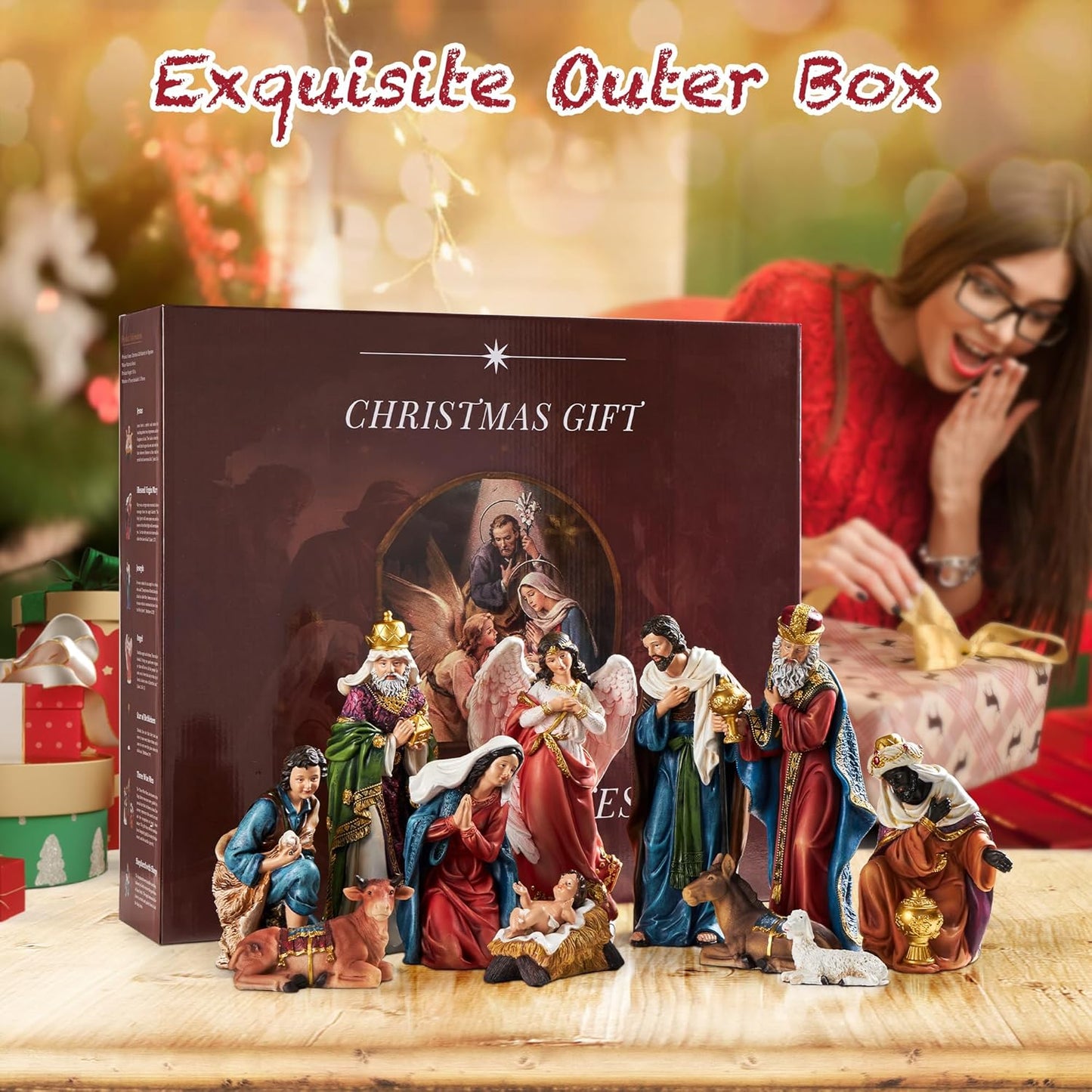 GIFTONE Nativity Sets for Christmas Indoor 9.8 Inch Tall Set of 13 Pieces Nativity Scene Tabletop Resin Decorations Home Holiday Decor Religious