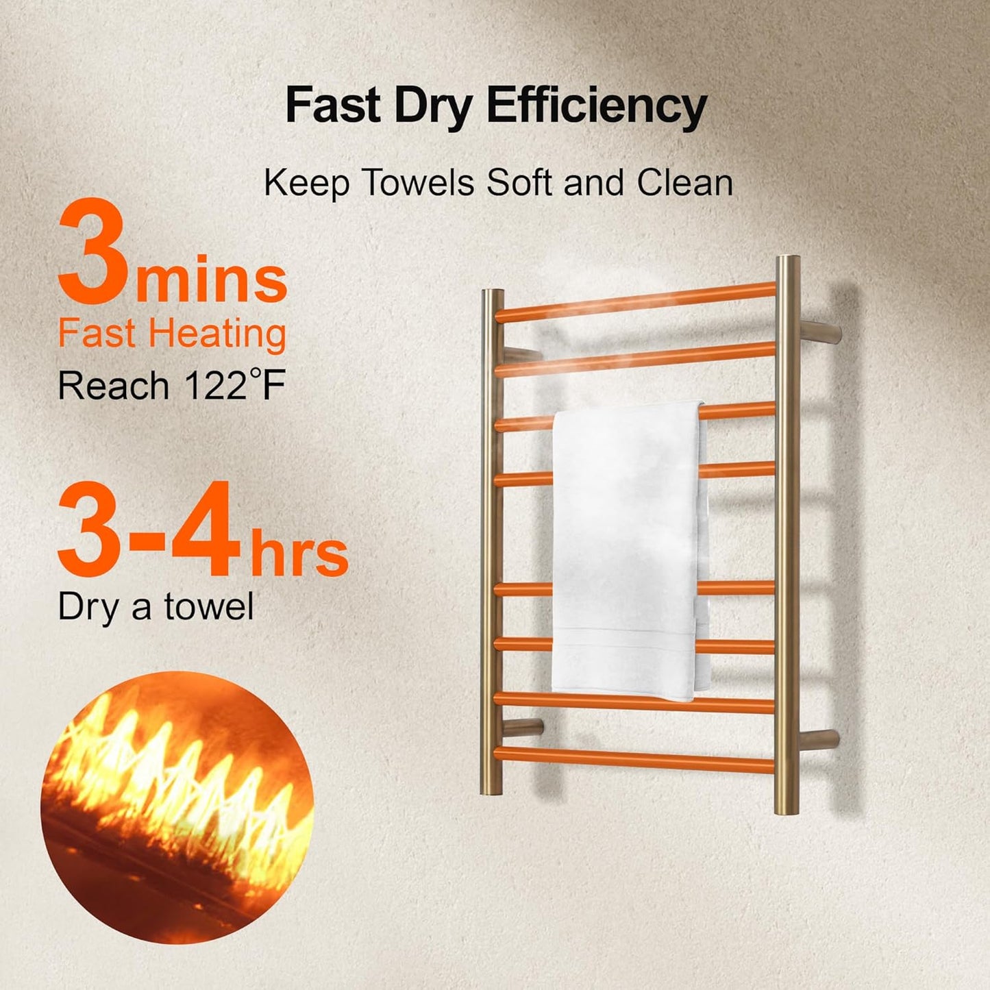 Electric Heated Towel Warmer, Wall Mounted Bathroom Towel Rack, Plug-in Design, Brushed Gold Stainless Steel Finish 8 Bar  with Single Press