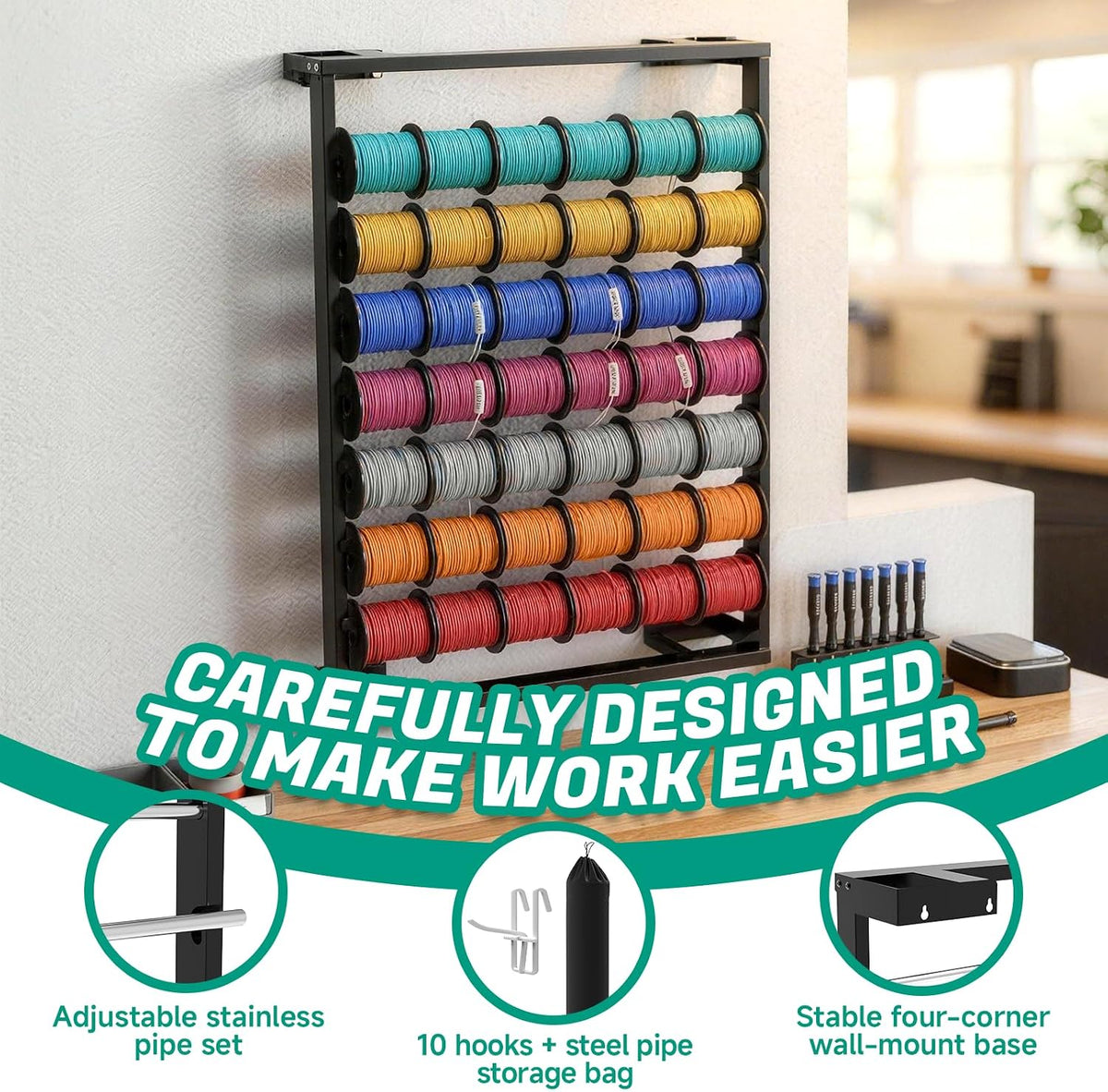 Heavy Duty Wall-Mounted Wire Spool Rack with 7 Adjustable Stainless Steel Rods – Cable Reel Holder and Dispenser Includes Steel Pipe Storage Bag & 10 Hooks for Electrical and Industrial Use (Black)