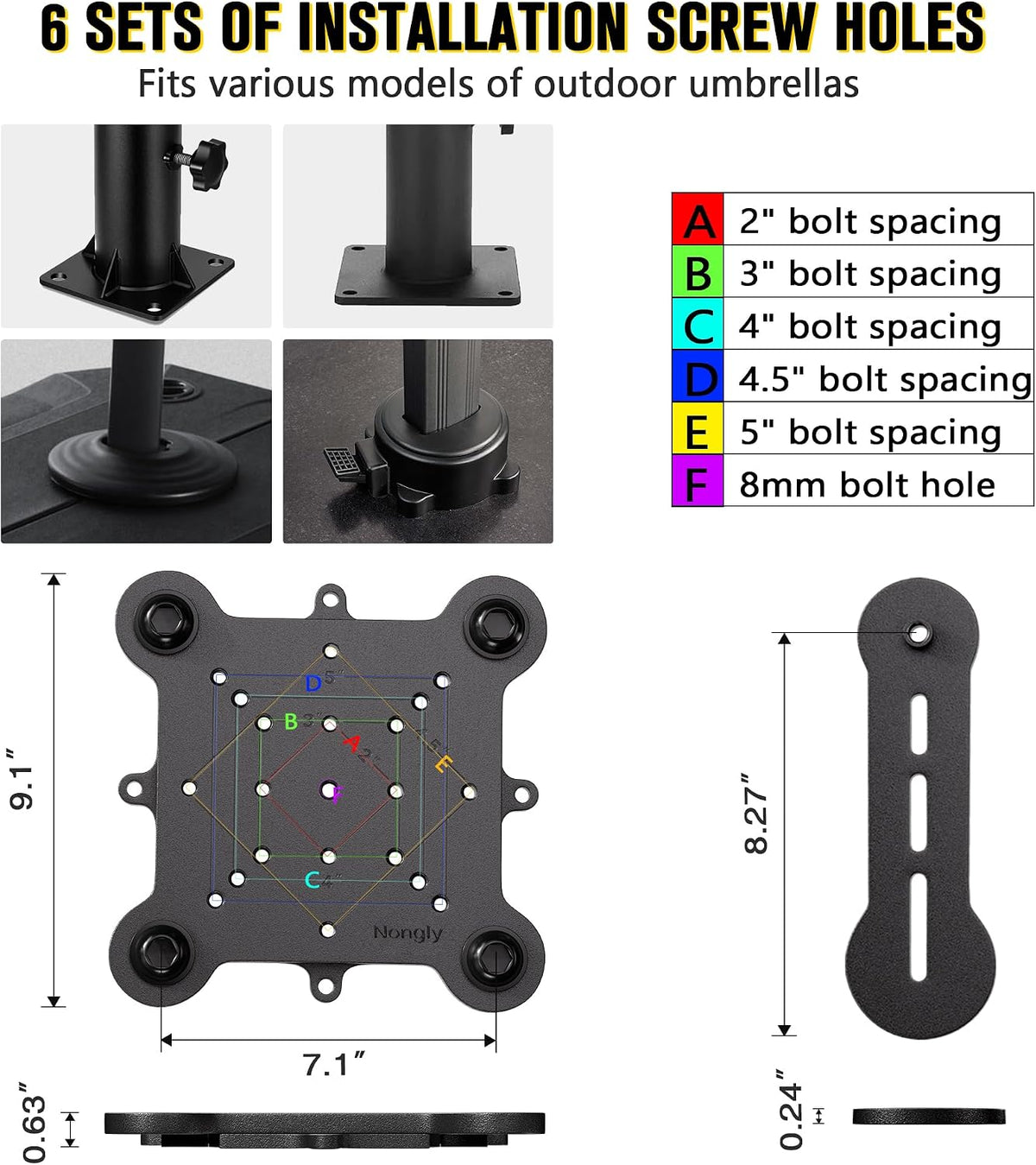 Cantilever Umbrella Base Adjustable 4-Arm Heavy Duty Stainless Steel Offset Patio Umbrella Mount Bracket with Multi Mount Holes for Deck Balcony Garden Backyard