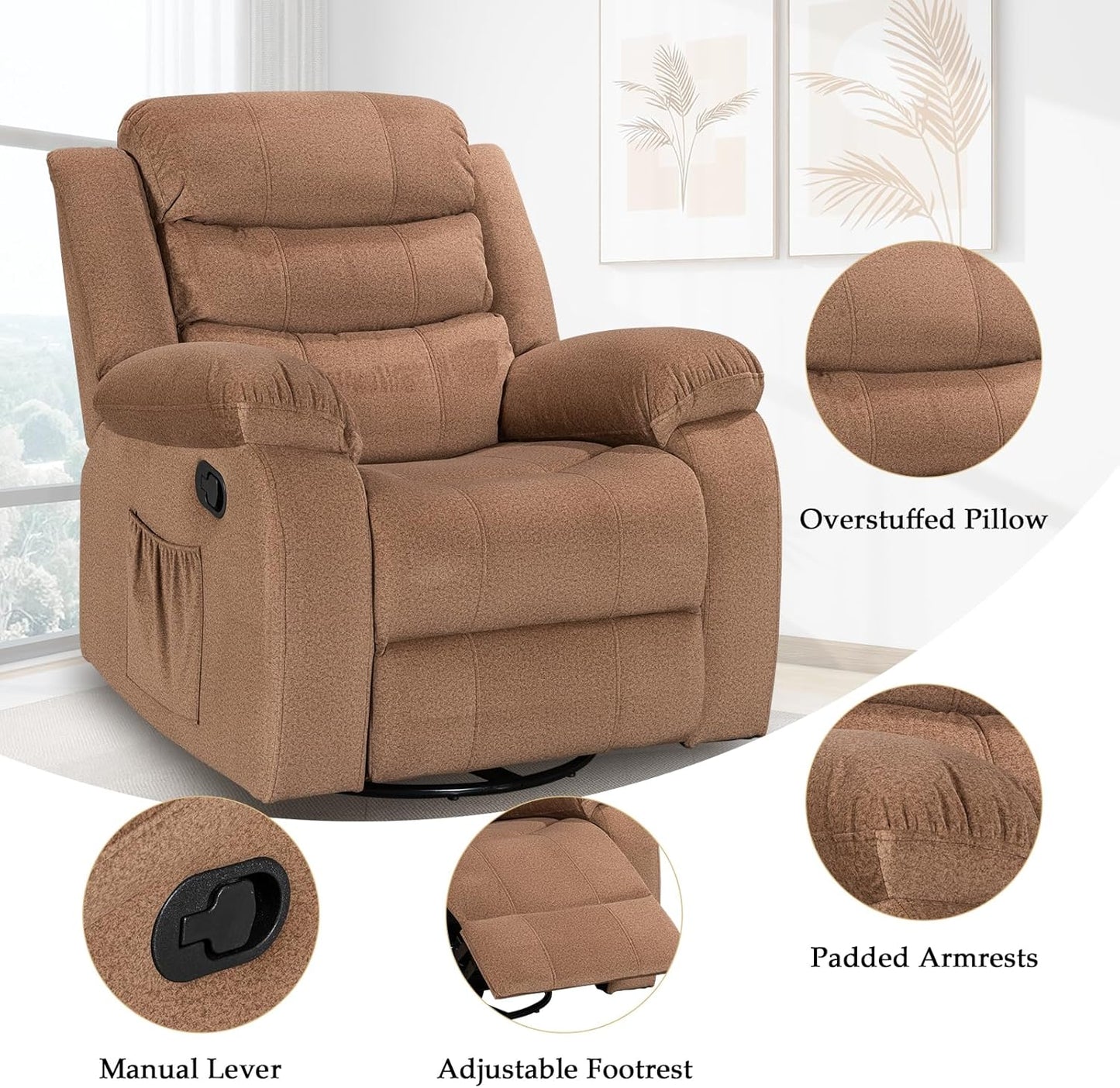 Swivel Rocker Recliner,Rocker Recliner Chair for Adults,Oversized Chair with Upholstery and Backrest, Comfy Reclining Single Sofa for Living Room