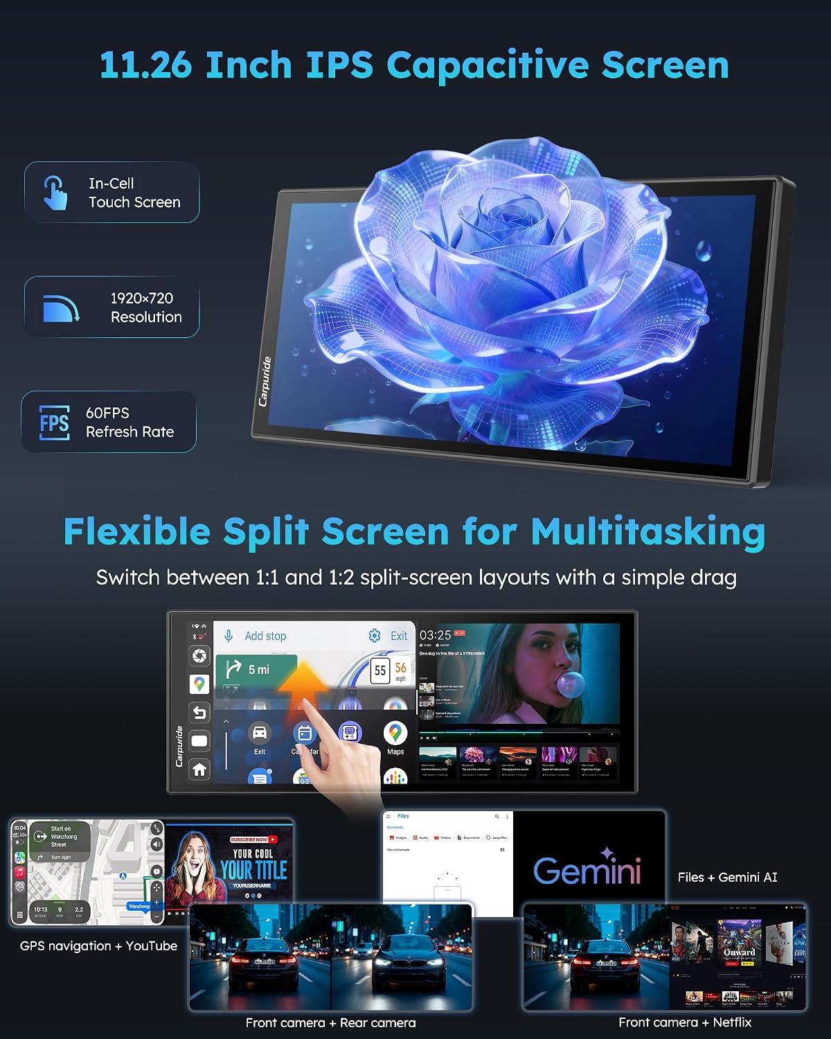 Carpuride 125PLUS CarPlay Screen for Car with AI Gemini & Download APPs, 11.26" Wireless Car Play Android Auto with Front & Backup Camera, Built-in GPS for Online and Offline Nav, Split Screen, OTA