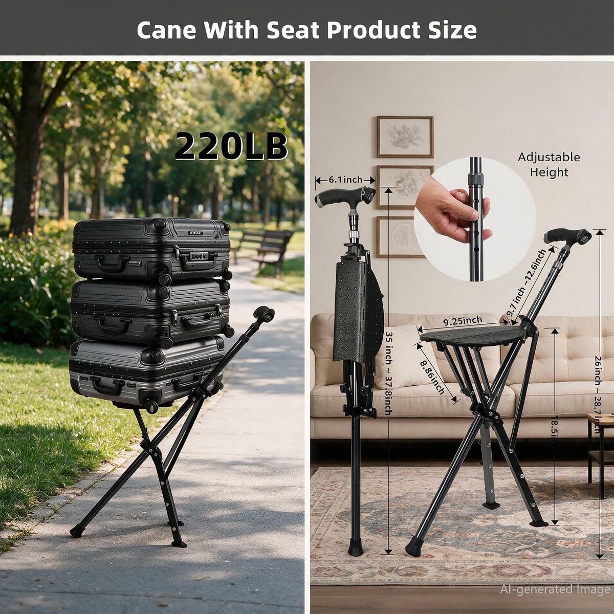 EziMedPil 2-in-1 Adjustable Cane Seat for Seniors with LED Light