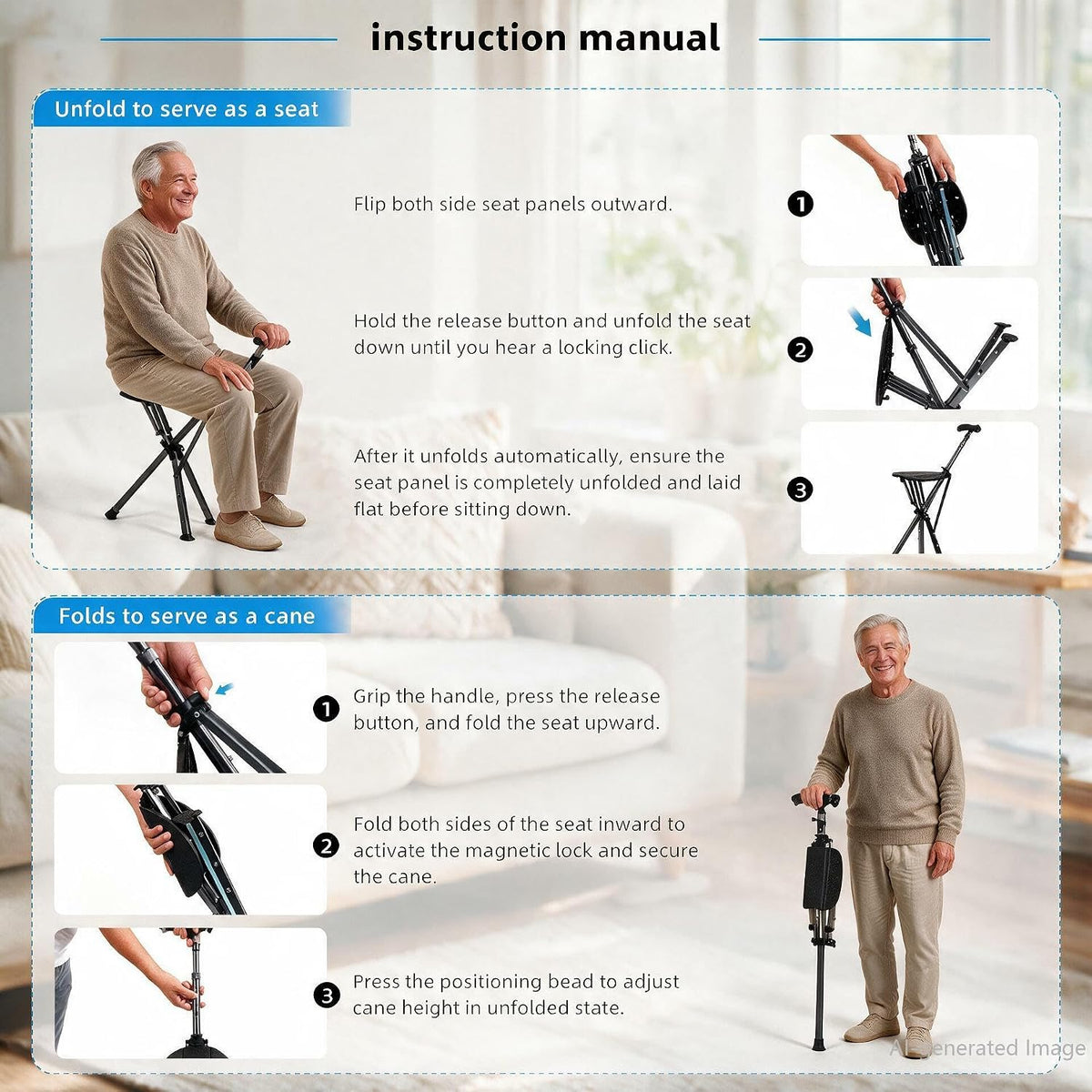EziMedPil 2-in-1 Adjustable Cane Seat for Seniors with LED Light
