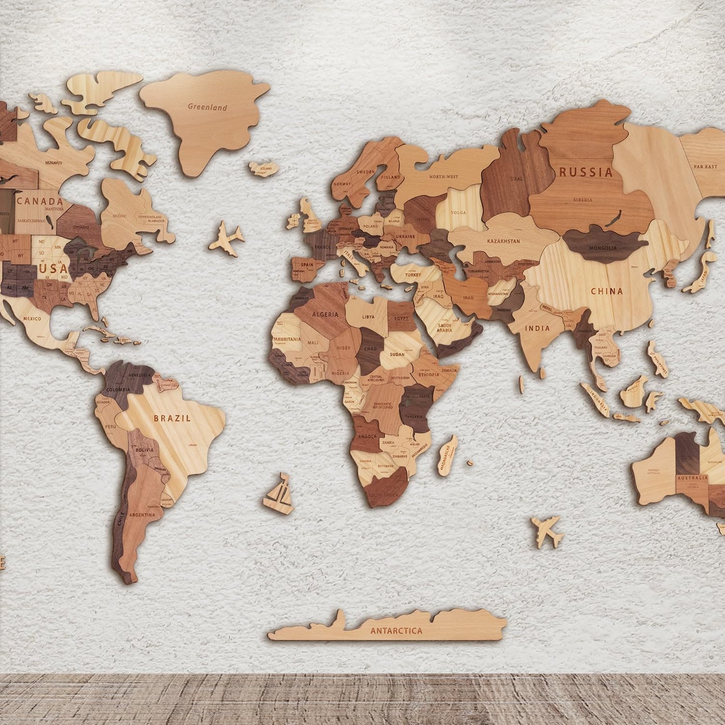 Handiwoo Wooden World Map 3D, Wood World Map Wall Art, Multilayered Wooden Map of The World Wall Decoration, Idea Housewarming Gift Large Wood Travel