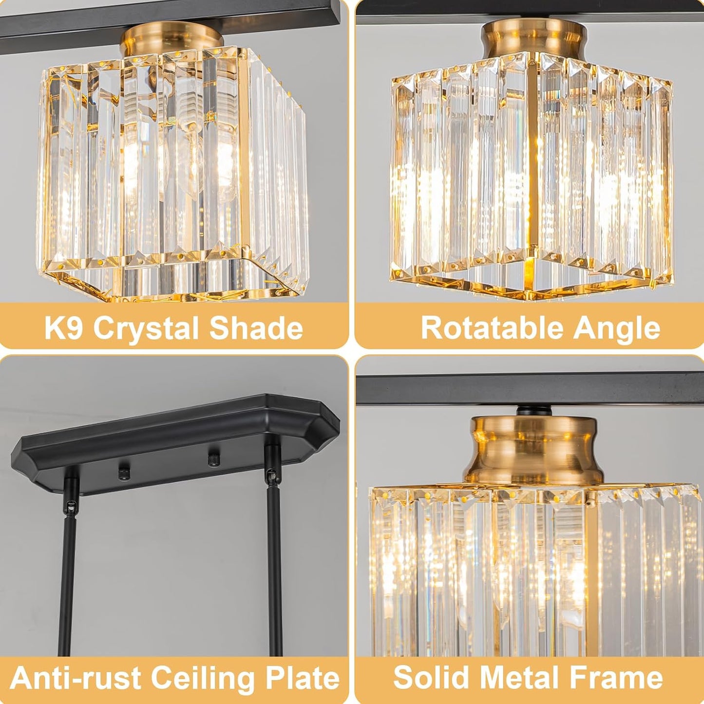 Modern 5 Light Linear Pendant Light, 38' Dimmable Black and Gold Finish Dining Room Light Fixture with Crystal Shade Height Adjustable Linear