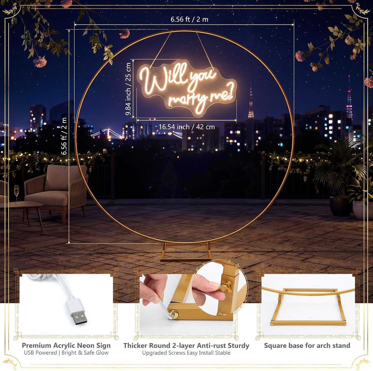 Will You Marry Me Sign 6.6 ft Large Metal Round Wedding Arch Stand Marry Me LED Neon Light Sign Proposal Decoration Red Carpet Aisle 4000pcs Rose Petals for Proposal Engagement Anniversary