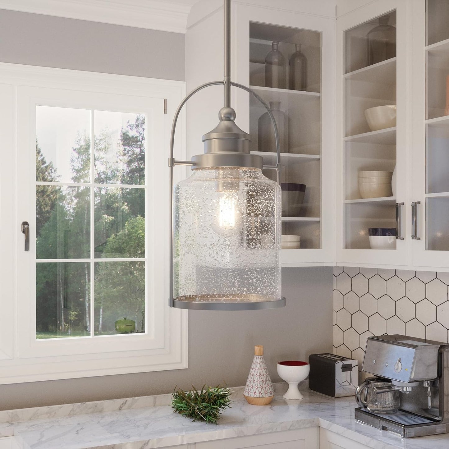 Mini Pendant Light, 10 Inch 1-Light Brushed Nickel, Clear Seeded Glass Pendant Light, Max Hanging Height 59"