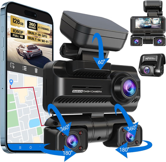 4 Channel 360 Front Rear Inside Dash Cam, 4K/2K/1080P Full HD Dash Camera for Cars, Free 128GB Card, Built-in Wi-Fi GPS Car Camera, 3.18 IPS Screen