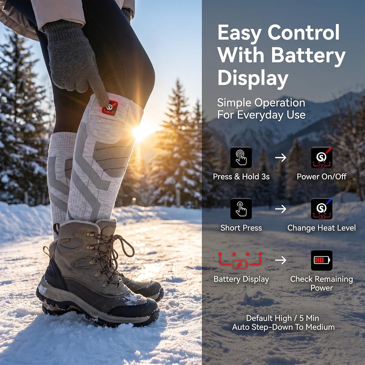 SUN WILL Heated Socks for Men Women, 3 Heat Settings, USB Rechargeable grey Large