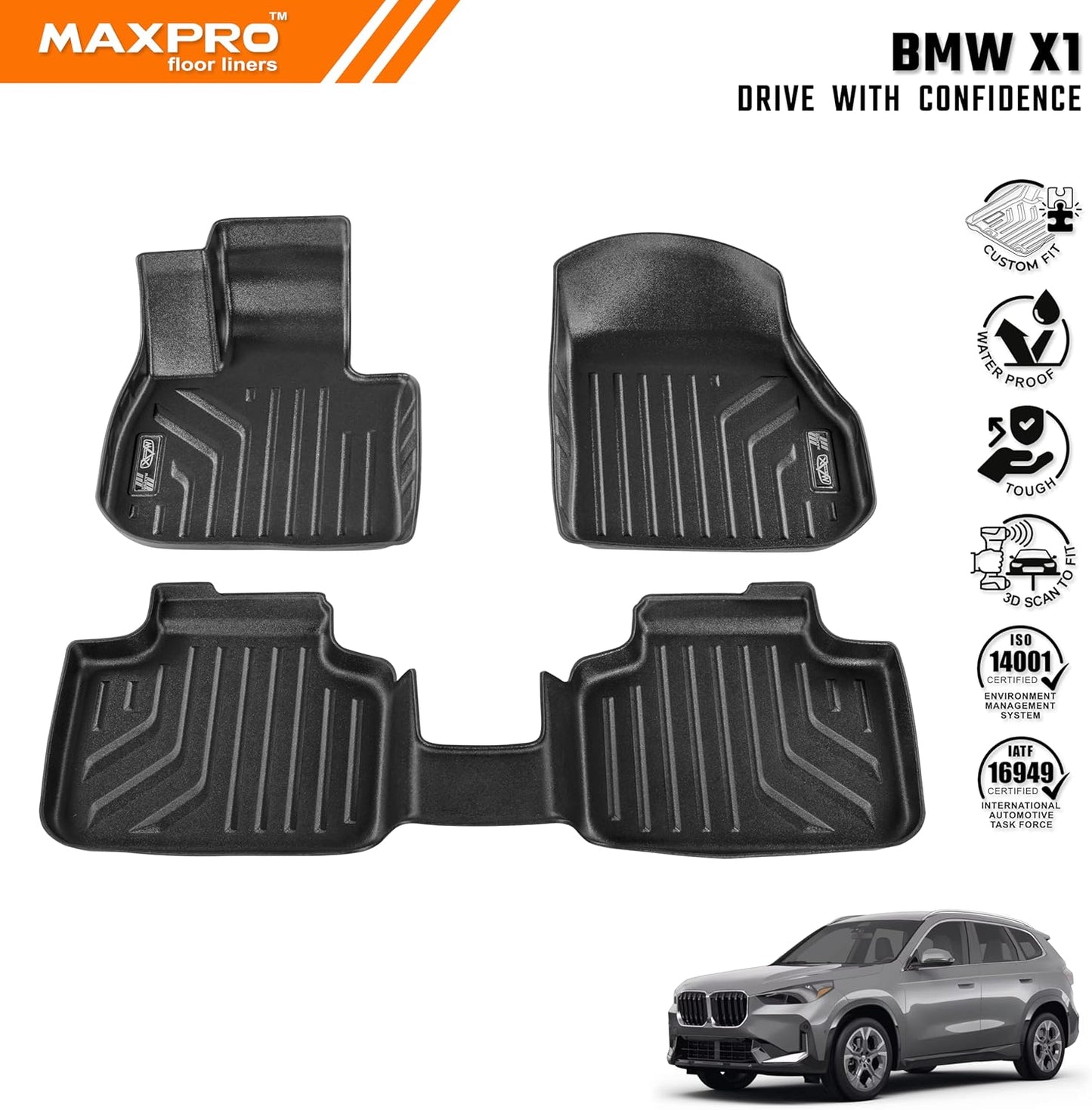Premium MAXPRO Floor Mats for 2019-2023 BMW X1 1st&2nd Row Complete Set All Weather Mat Waterproof TPE Floor Liners Custom Fit Automotive Floor Mats BMW X1 Accessories Car Mats Full Set SUV Protection Floor Liner 1st and 2nd Row