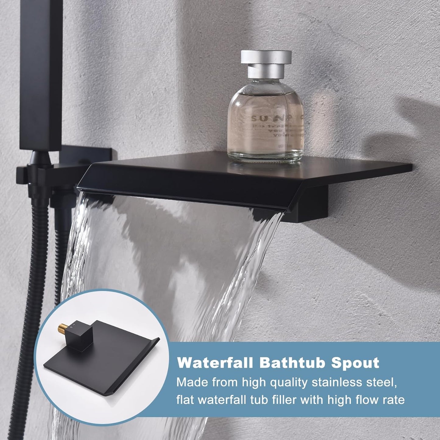 Waterfall Bathtub Faucet Set with Sprayer, Wall Mount Tub Spout with Handheld Shower Single Handle Shower Tub Faucet Set Matte Black