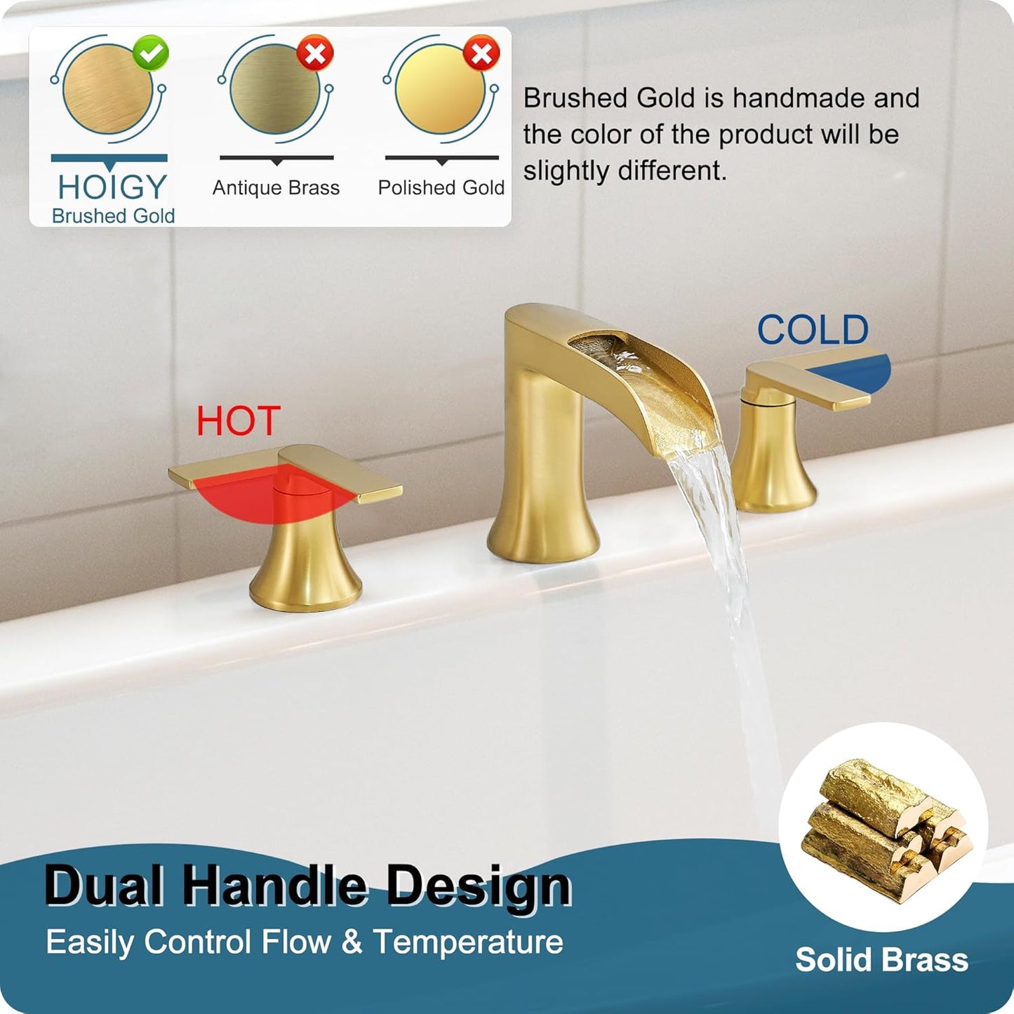 Brushed Gold Bathtub Faucet, Brass Waterfall Roman Tub Faucet 6-16 Inch Deck Mount 3 Hole Bathtub Faucets, High Flow