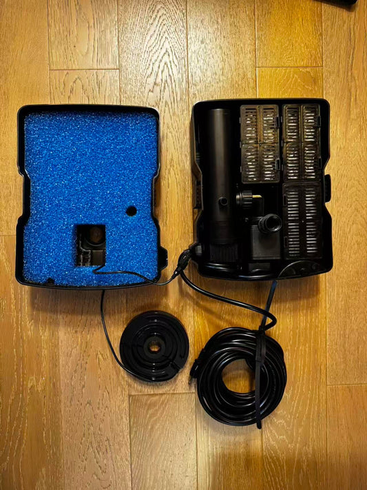TONGCHANT 400 GPH Pond Filter Fountain, 25W Pump, RGB LED, 33 ft | Multi-stage filtration, adjustable spray height, three nozzles, and tool-free filter access for easy pond setup.