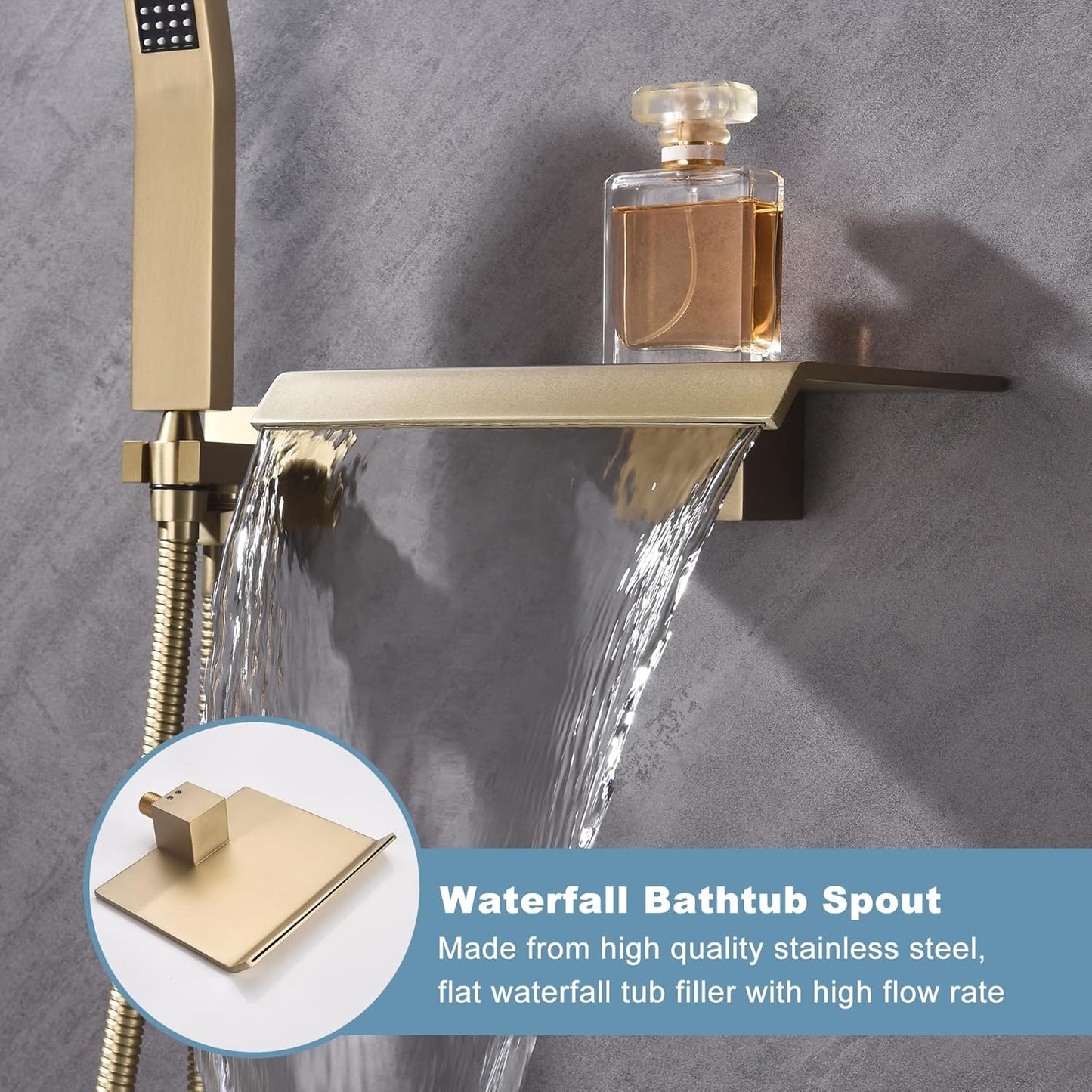 Waterfall Shower Bathtub Faucet Set with Sprayer, Wall Mount Tub Spout with Handheld Shower Head Single Handle Shower Tub Faucet Set Brushed Gold