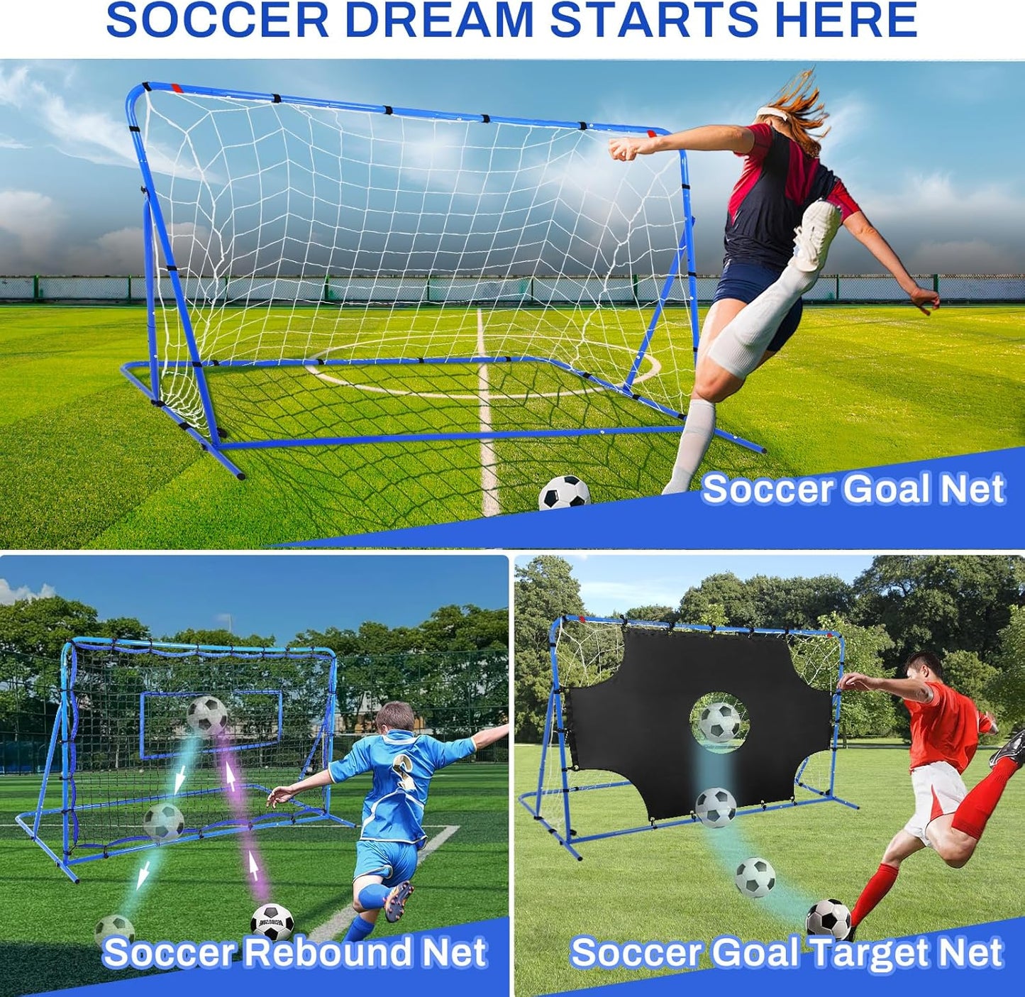 FAHKNS Three Modes of Soccer Goal, Target Net and Rebound Net, Precision Training, Tear-Resistant, Corner Kick Training, Suitable for Children and Teenagers Control (6x4FT)