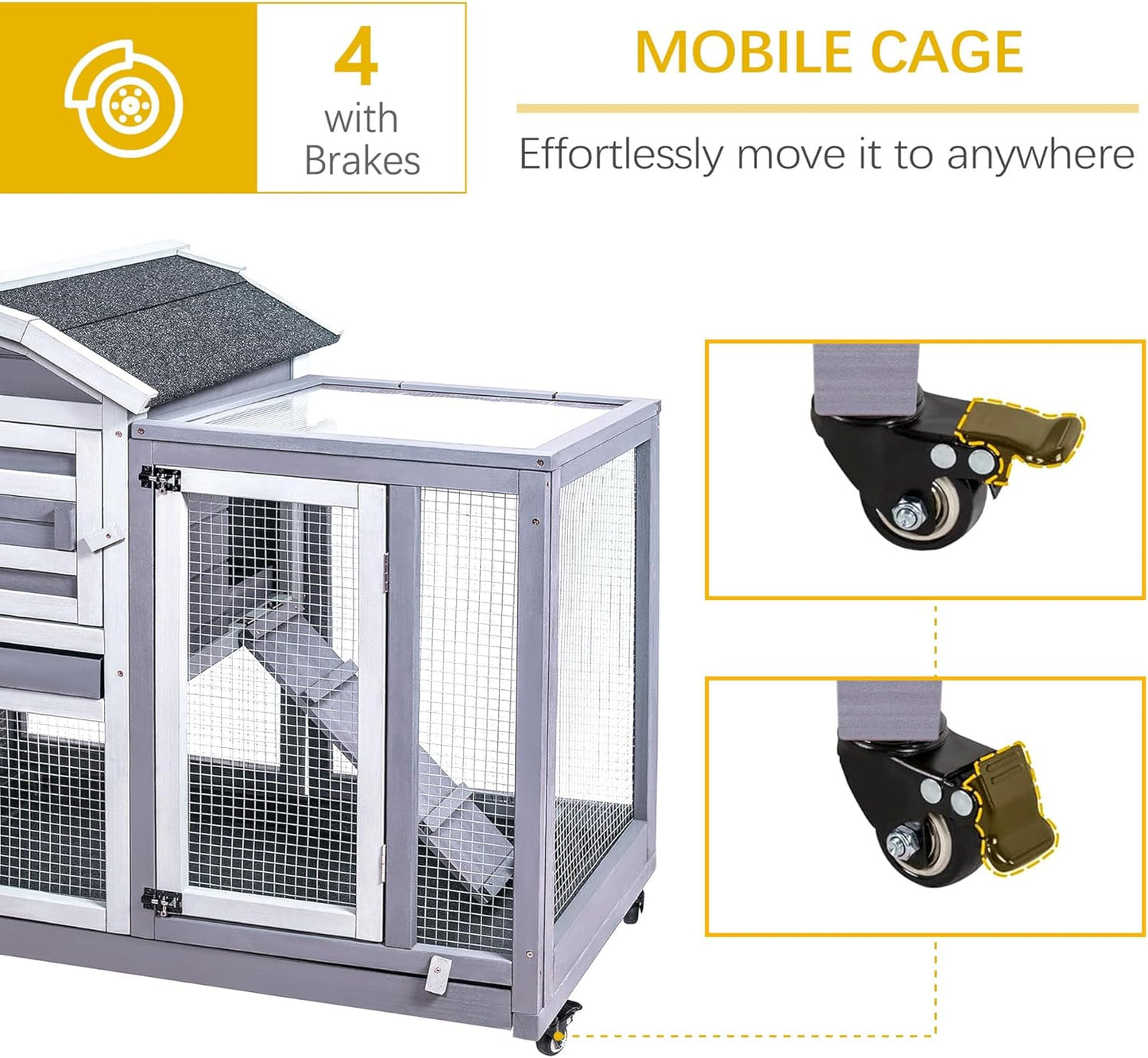 Indoor/Outdoor, Wooden Rabbit Hutch/Cage with Wheels,  Ramp and Removable Tray