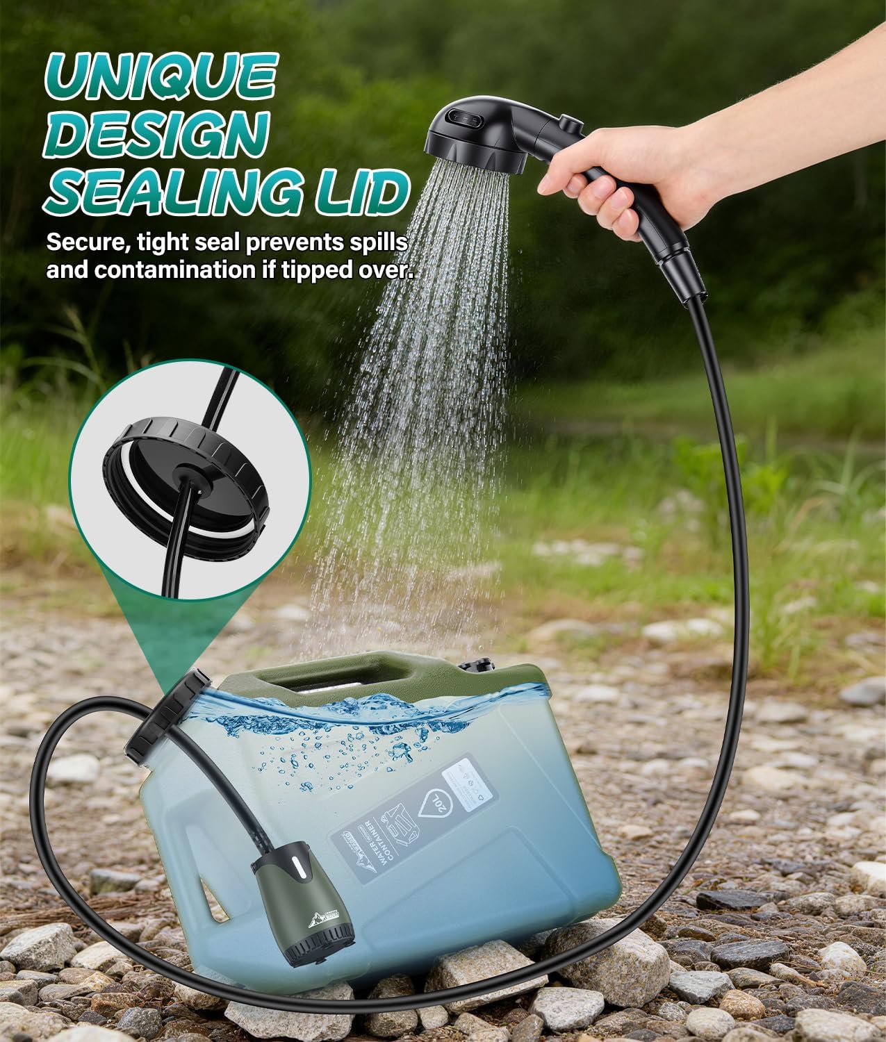 2026 Portable Shower for Camping with 5-Gallon Water Jug, Rechargeable Camping Shower, Food Grade Material Water Containers for Fruit & Vegetables Wash, Integrate Design for Outdoors, Hiking