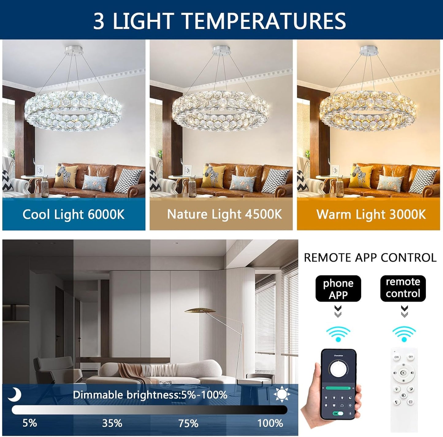 Modern Dimmable Crystal Chandelier for High Ceilings with Remote Control, Flush Mount