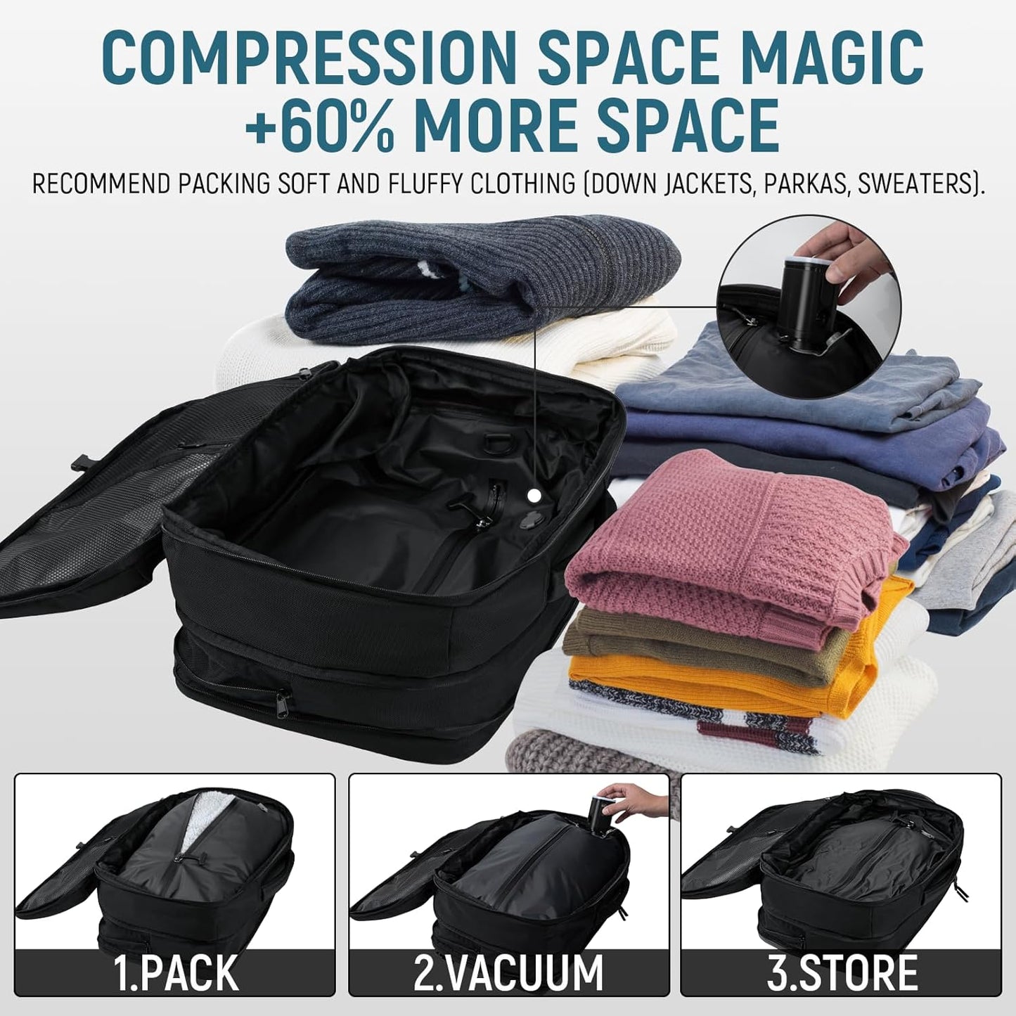 Travel Backpack with Vacuum Compression, Black