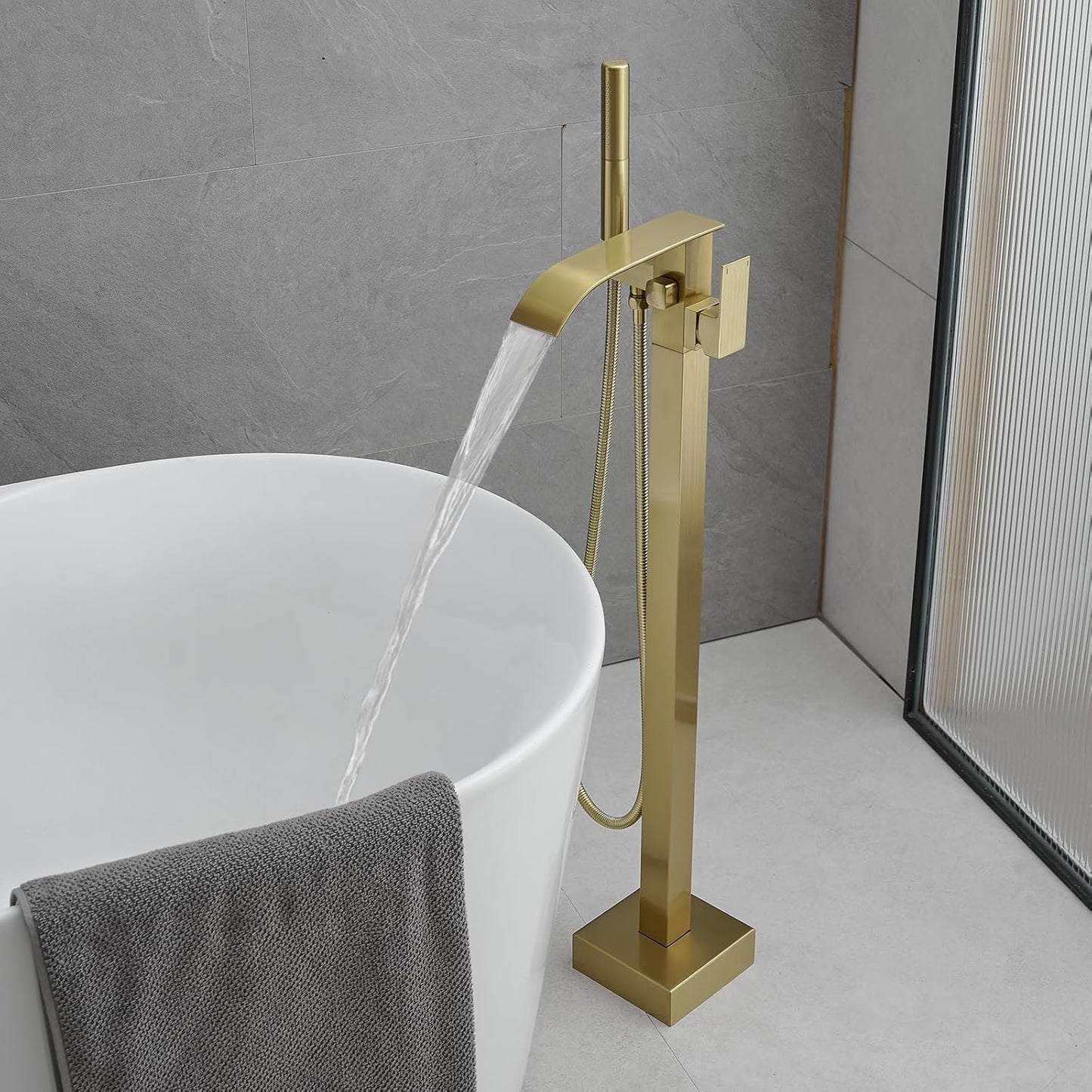 Tub Filler Freestanding Bathtub Faucet Brushed Gold Floor Mount Tub Faucet Waterfall Bathtub Filler with CUPC Certified High Flow Brass Bath Shower Fa