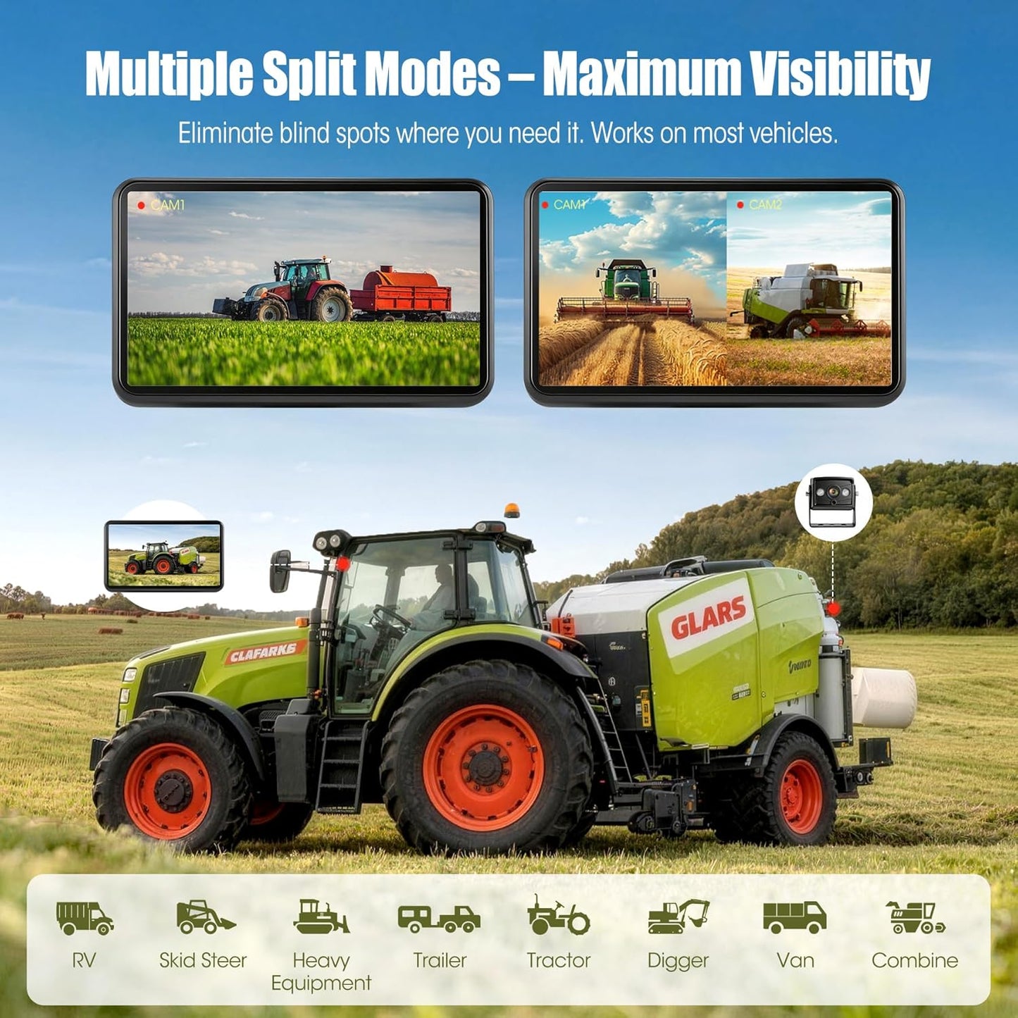 1080P 7.01" Wired Backup Camera System, DVR IPS Touchscreen with IP69K Water/Dust Proof Rear Camera, Vibration-Proof 20G for Skid Steer, Tractor, Truck, Heavy Equipment, AYT101