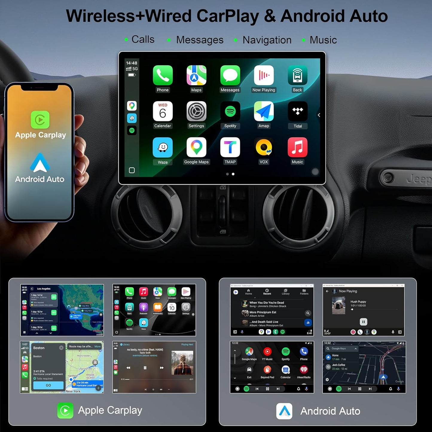 11.5 Inch 8 Core 4GB+64GB Car Radio Stereo for Jeep Wrangler JK Compass Grand Cherokee Dodge Ram, 2K Touchscreen Android 13 Head Unit with Wireless CarPlay & Android Auto, Backup Camera, AM/FM Radio