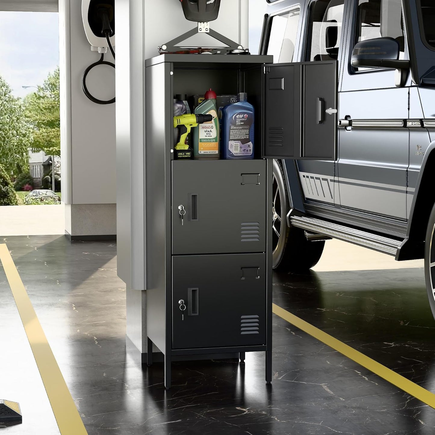 Metal Locker with Ventilation Holes, Metal Storage Cabinet with Lock and Card Slot for Home,School, Office, Garage,47.3" H x 15.8" W x 15.8" D,Assembly Required,Black Black 47.3"-3 Doors