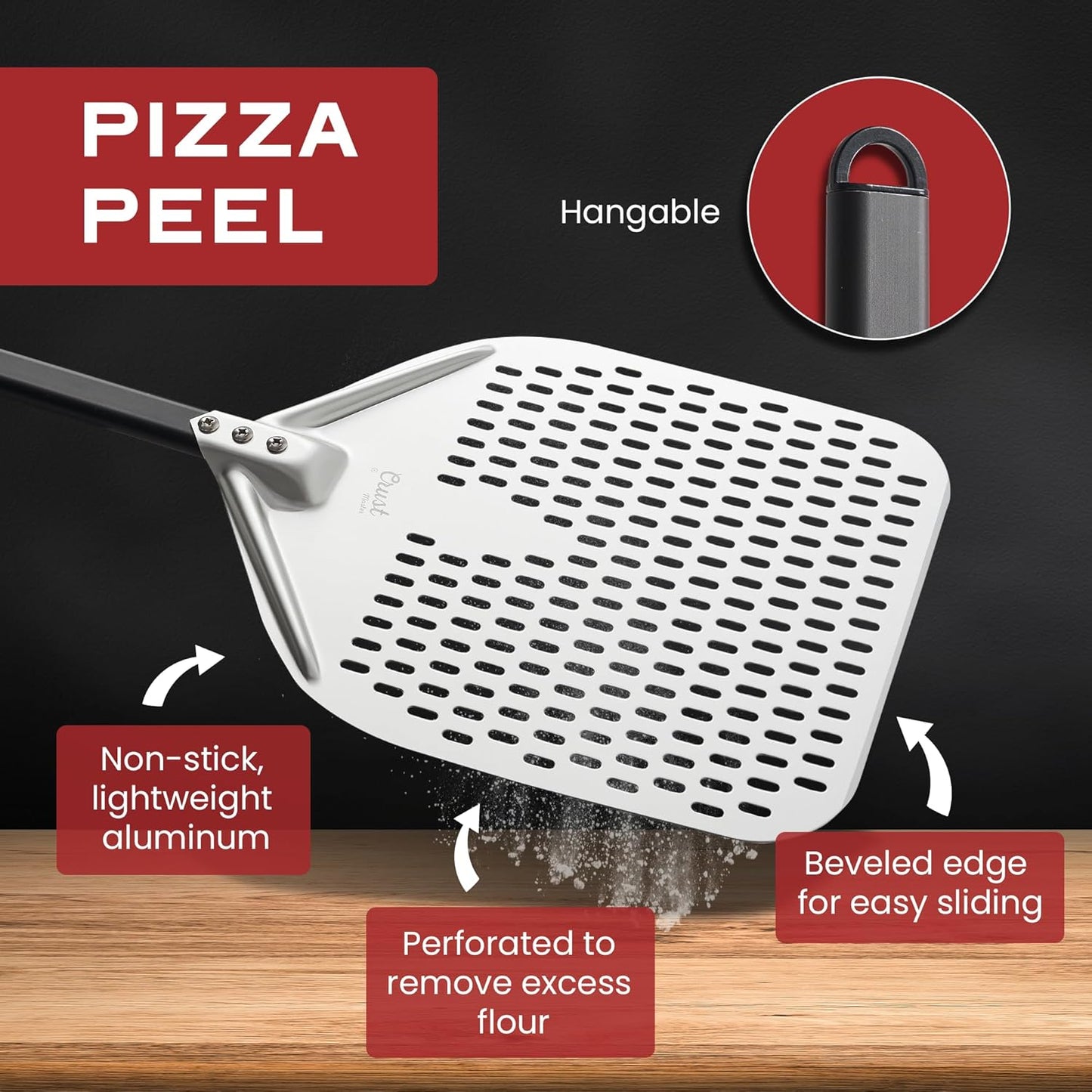 Pizza Peel Set - 12'x14' Rectangular Peel, 9' Round Turning Peel, Brass Brush, Ash Rake - Perfect Pizza Oven Accessories for Ovens & BBQ - Pizza Pan