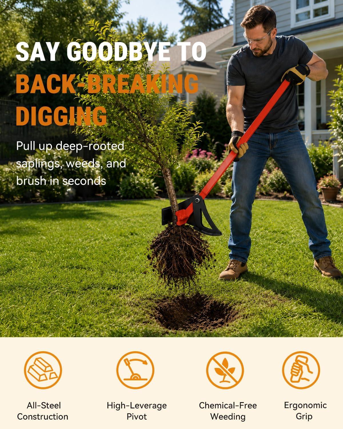 48" Heavy-Duty Root Puller – Instantly Uproots Trees & Shrubs (Stems ¼–2.5") | No Assembly, Ready to Use | Ergonomic Leverage Design for Landscaping, Farm & Forestry Work, Red.