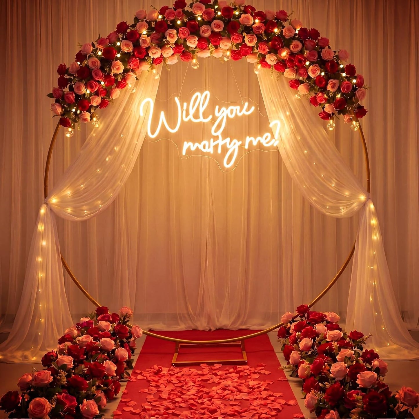 Will You Marry Me Sign 6.6 ft Large Metal Round Wedding Arch Stand Marry Me LED Neon Light Sign Proposal Decoration Red Carpet Aisle 4000pcs Rose Petals for Proposal Engagement Anniversary