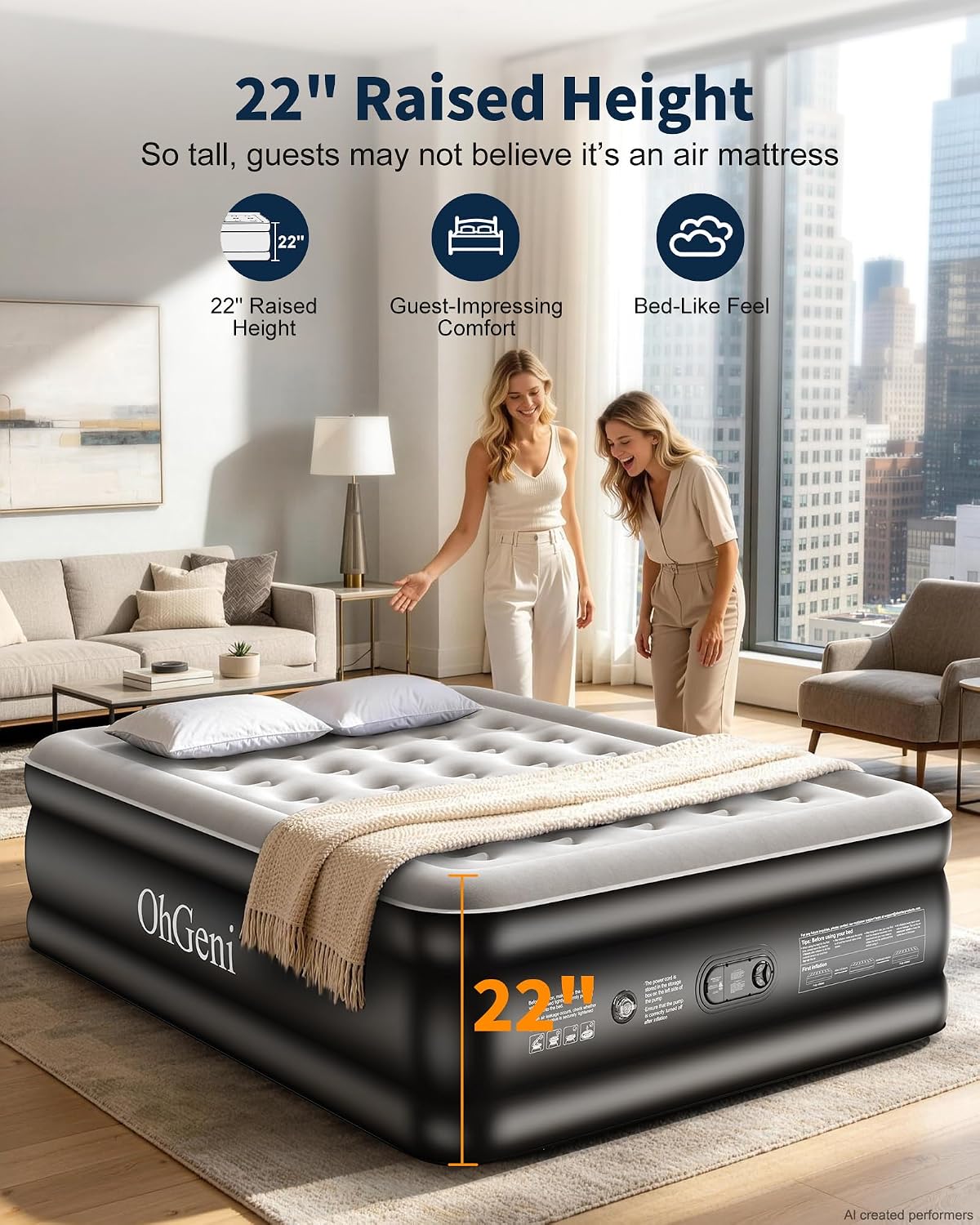 OhGeni 22" Raised Air Mattress Queen with Built in Pump, Inflatable Blow Up Mattress, Upgraded Surface Portable Bed for Home, Camping, Colchone Inflable, Ideal Sleep Solution for Guests, 650lbs