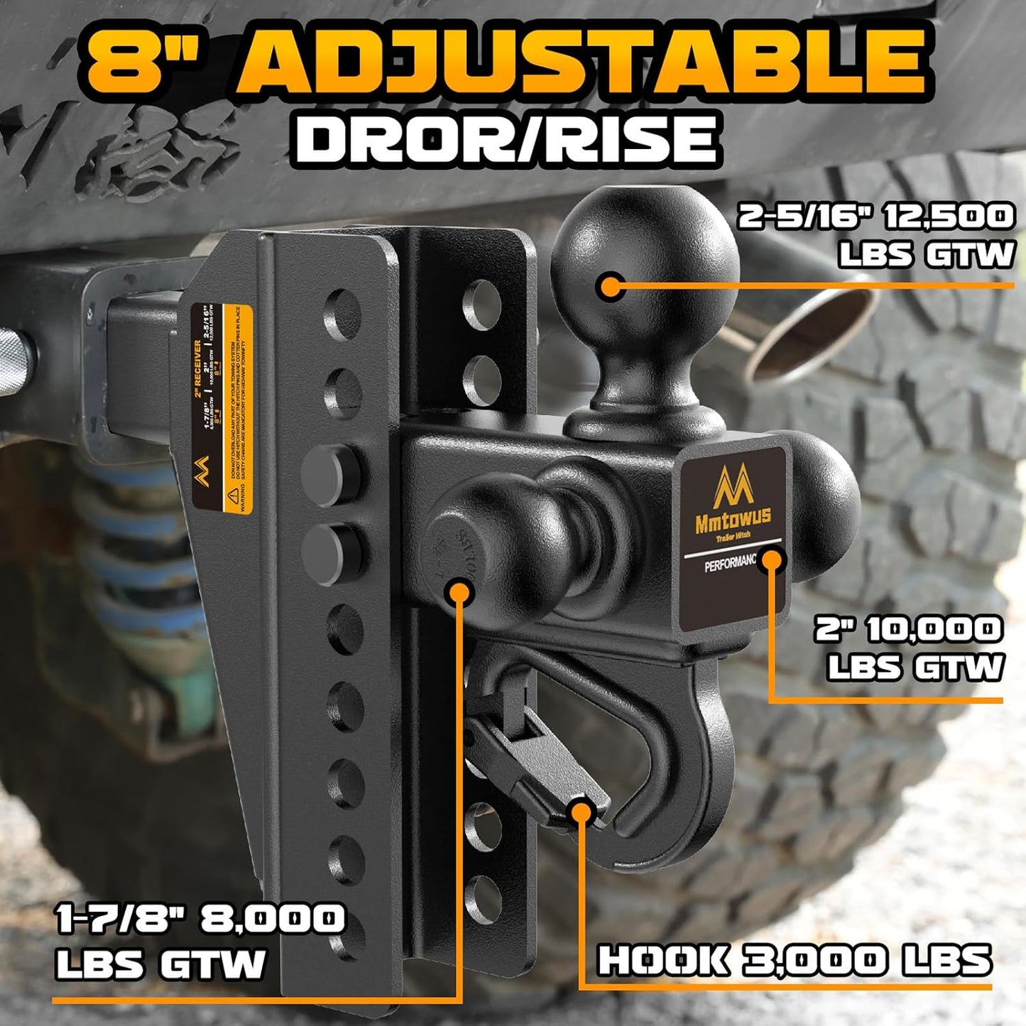 Adjustable Trailer Hitch - Drop Hitch Fit 2" Receiver -8" Drop/Rise | Tri Ball Mount with Hook (1-7/8'', 2'' & 2-5/16''), 12,500 LBS GTW Tow Hitch, 3 Ball Hitches for Trucks, RVs, Camper, SUV etc