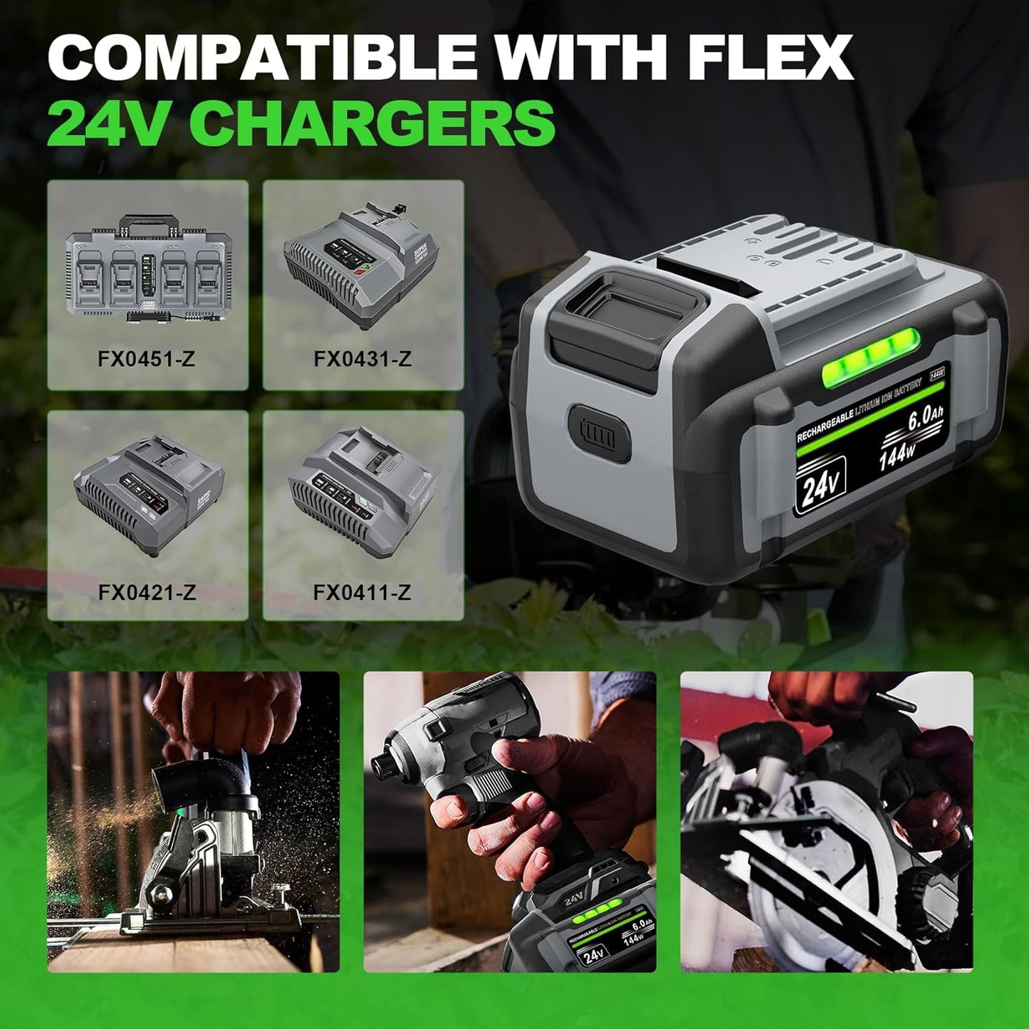 FX0331-1 6.0Ah Replacement for Flex 24v Battery FX0221-1/FX0311-1/ FX0321-1/FX0121-1/FX0341-1/FX0231-1, Compatible with Flex 24 Volt Power Tool & Charger FX0411/FX0421/FX0431/FX0451/FX0411-1C