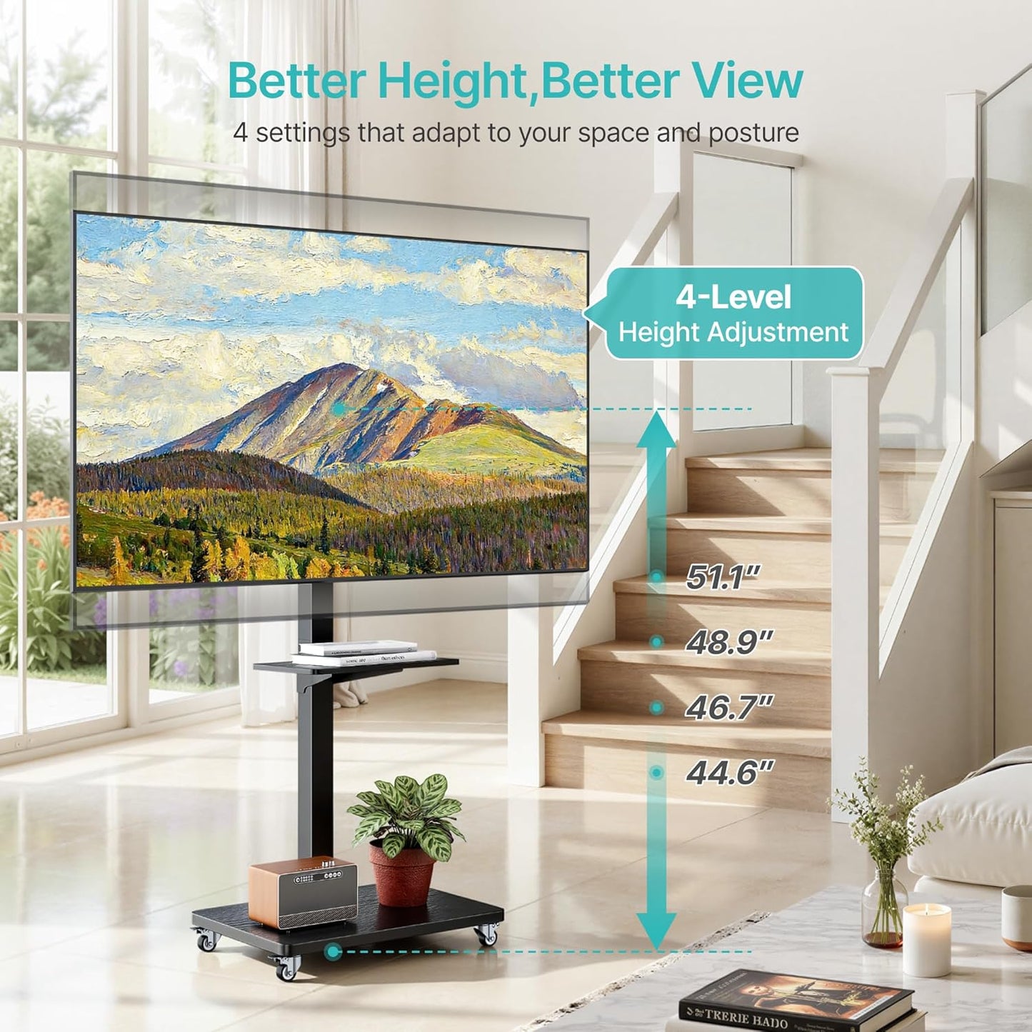 PEGZONE Rolling TV Stand for 32-75 Inch TVs Holds up to 110 lbs, Mobile TV Stand on Metal Wheels with Shelf, Tilt & Swivel Portable TV Cart with Mount, Height Adjustable TV Cart with Wire Management