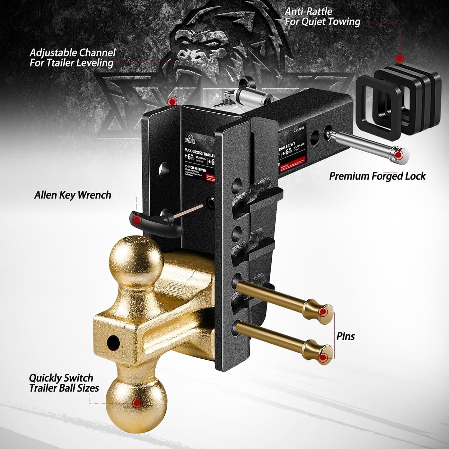 ,6 Inch Adjustable Drop Trailer Hitch, Fits 2 Inch Receiver, 25,000 Lbs Heavy Duty 2'-2/516' Balls