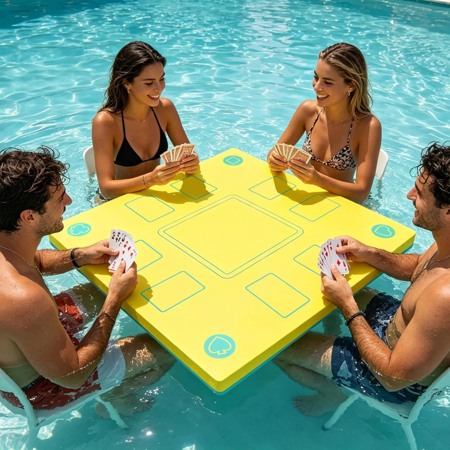 Floating Mahjong Table for Pool, Double-Sided Floating Mahjong Table with Tile Grooves & Cup Holders, Multi-Game Floating Mahjong Set for Pool for Mahjong, Poker & Dominoes