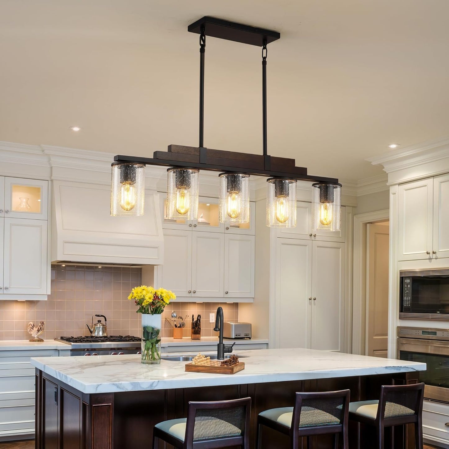 Farmhouse Linear Chandelier for Dining Room, Seeded Glass Dining Room Light Fixture Over Table, Wood Island Light fo