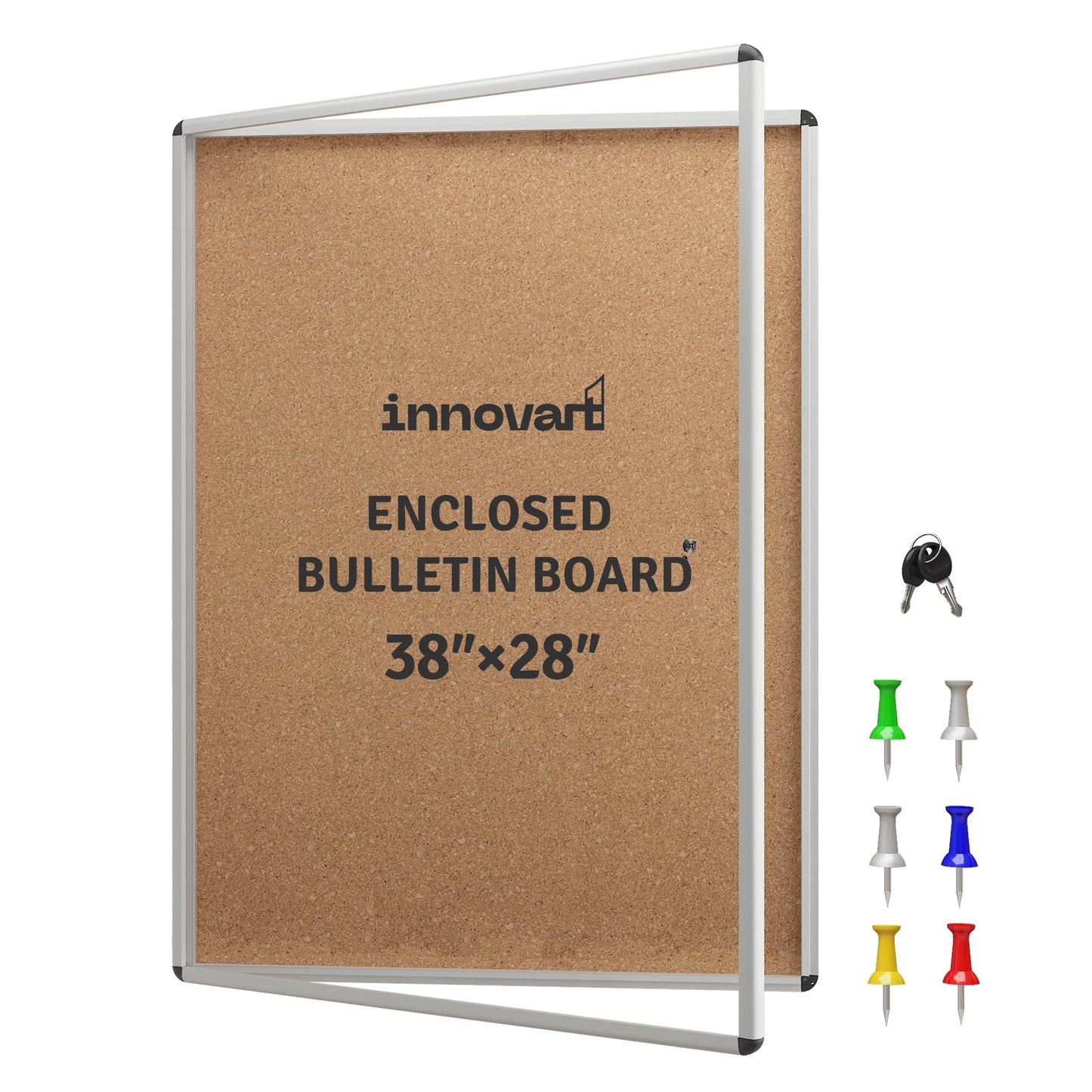 INNOVART 38”x28” Enclosed Bulletin Board, Weatherproof Outdoor Enclosed Cork Board with Swing-Open Locking Door, Aluminum Frame Wall Mounted Display Case for Home, School, Office, Commercial