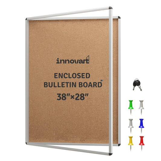 INNOVART 38”x28” Enclosed Bulletin Board, Weatherproof Outdoor Enclosed Cork Board with Swing-Open Locking Door, Aluminum Frame Wall Mounted Display Case for Home, School, Office, Commercial