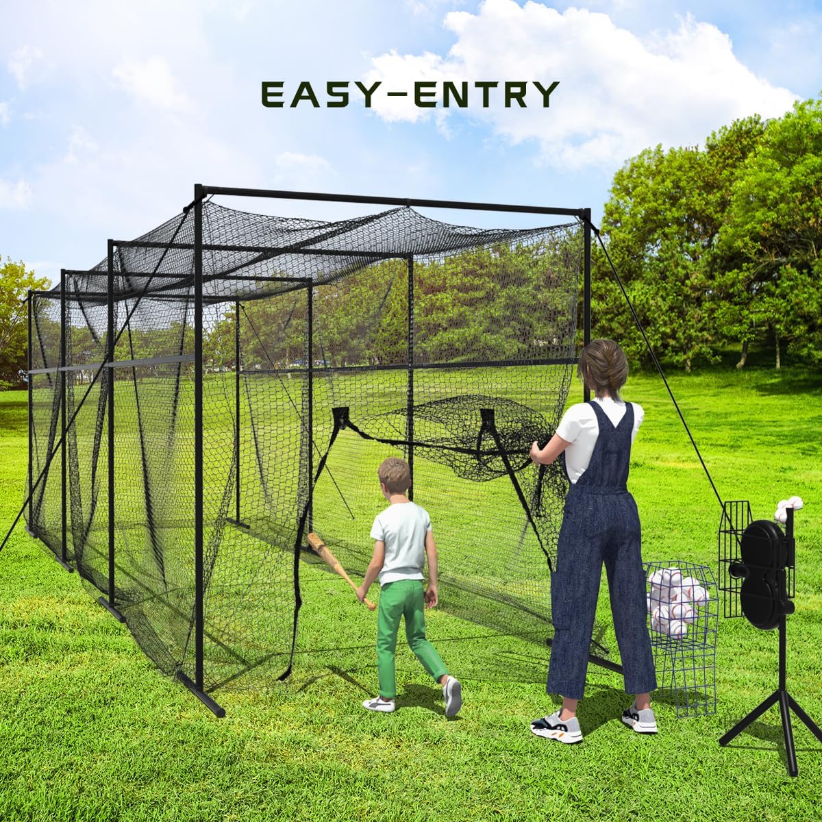 40FT Batting Cage, Baseball Softball Hitting Cage Net and Frame, Heavy Duty Baseball Softball Training Equipment, Framed Batting Cage Complete