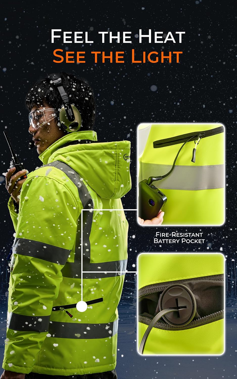 Heated Safety Jacket for Men with Battery, Class 3 Hi-Vis Waterproof Safety Coat with 3M Reflective Tape, Winter Safety Jackets, Heated High Vis