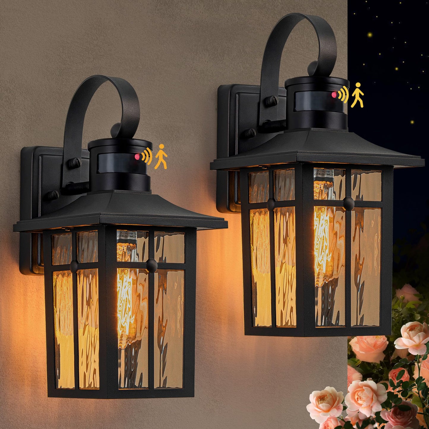 Aluminum Motion Sensor Outdoor Wall Sconces with Ripple Glass, 2P
