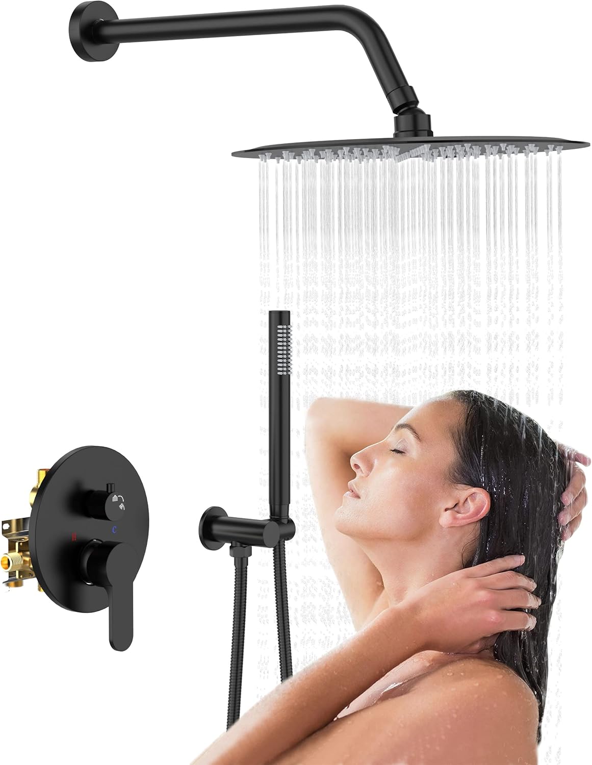 EMBATHER Black Shower Faucets Sets - Overhead Metal Rain Head Shower System with High Pressure Handheld Complete Combo and Mixer Valve Trim Kit -