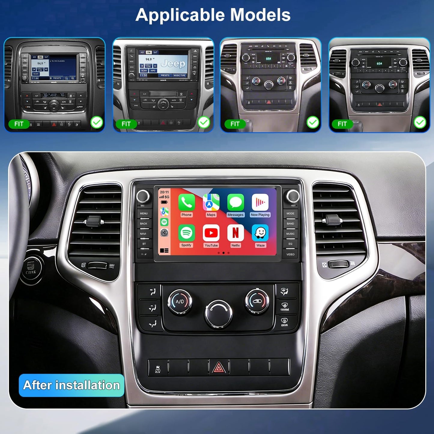 Car Radio for Jeep Grand Cherokee 2011 2012 2013, Dodge Durango 2011 2012 2013, 7 Inch Touch Screen Headunit Stereo Upgrade with Wireless Carplay Android Auto 5GWiFi Backup Camera Bluetooth GPS FM SWC