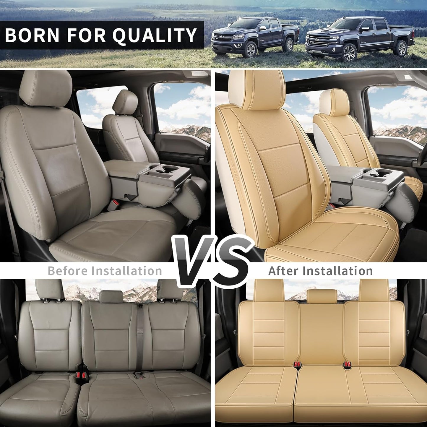 Seat Covers Fit for Chevy Chevrolet Silverado GMC Sierra Custom Fit 2007-2025 2026 1500 2500 3500HD Waterproof Faux Leather Car Seat Cover Full Coverage Car Seat Covers Sets (5 Seats/Beige)